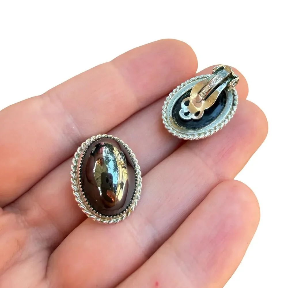 Vintage Whiting Davis Hematite Oval Cabochon Silver Tone Clip Earrings
